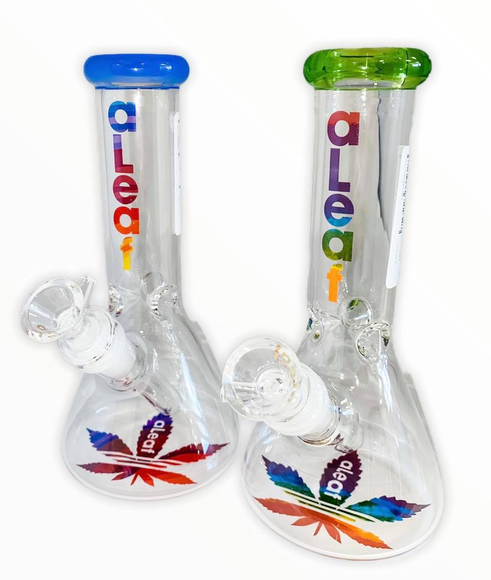 6" DOWNWARD INCLINE GLASS ON GLASS WATER PIPE, ALEAF DESIGN