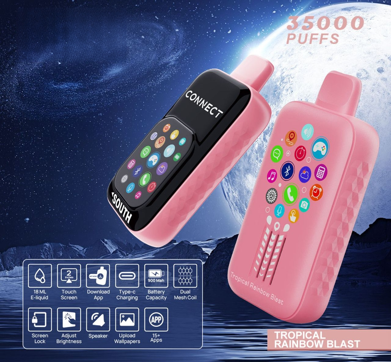 South Connect 35K Puffs 18ML Disposable Device With Bluetooth Connections & Touch Screen