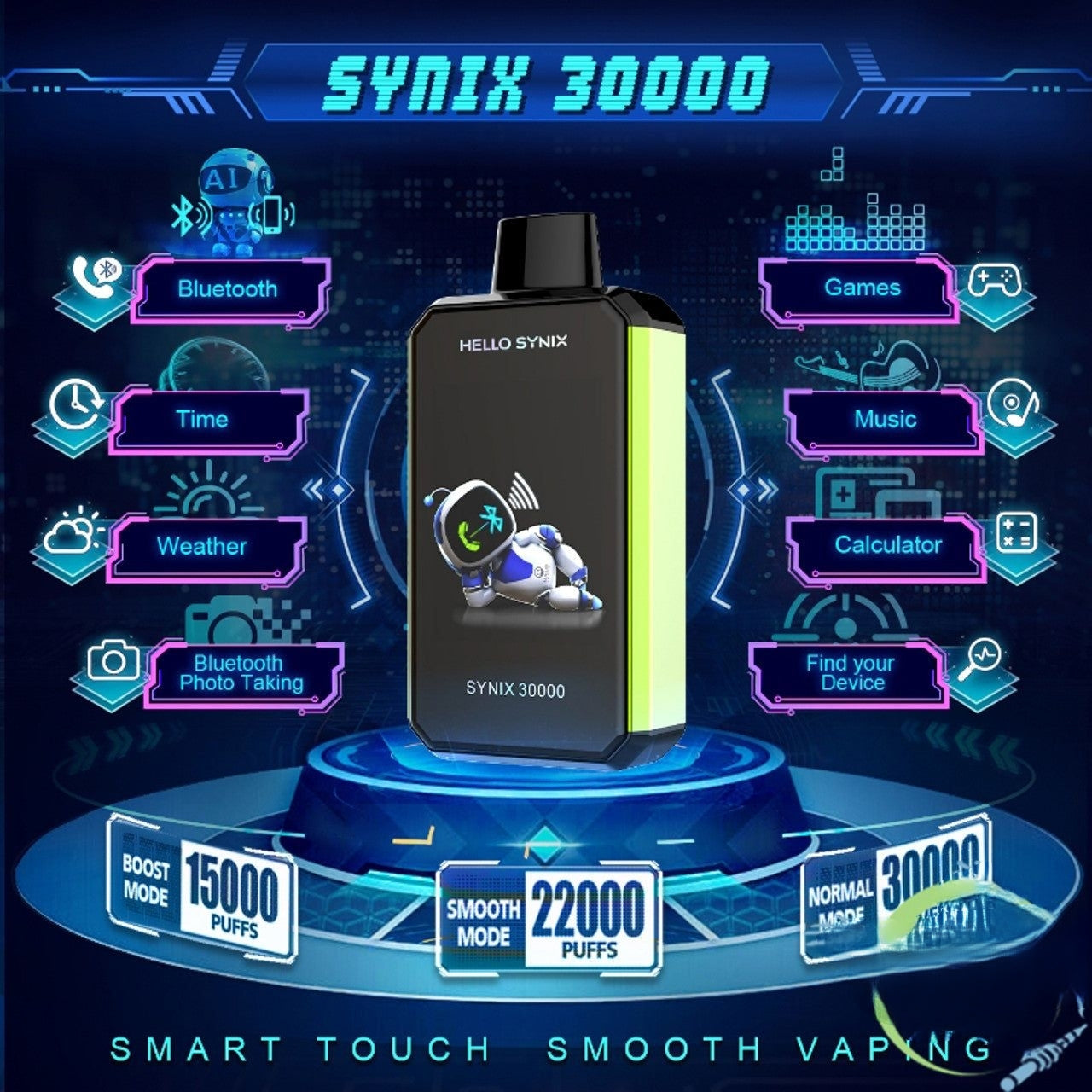 Hello Synix 30K Puffs 28ML Disposable Device With Bluetooth Connections & Smart Touch