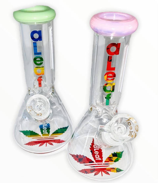 6" DOWNWARD INCLINE GLASS ON GLASS WATER PIPE, ALEAF DESIGN