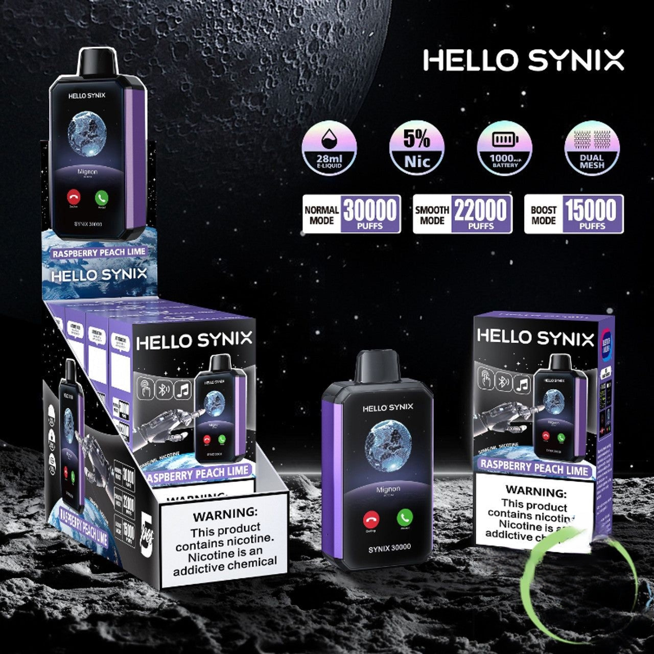 Hello Synix 30K Puffs 28ML Disposable Device With Bluetooth Connections & Smart Touch